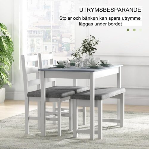 Modern 4-delad matplats i furu med linnestolar och bänk