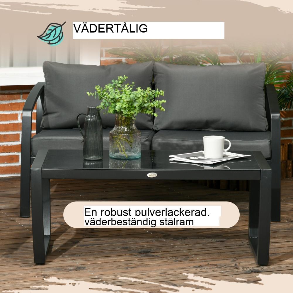 Modernt 4-personers uteplatsset med kuddar, grått och svart väderbeständigt aluminium