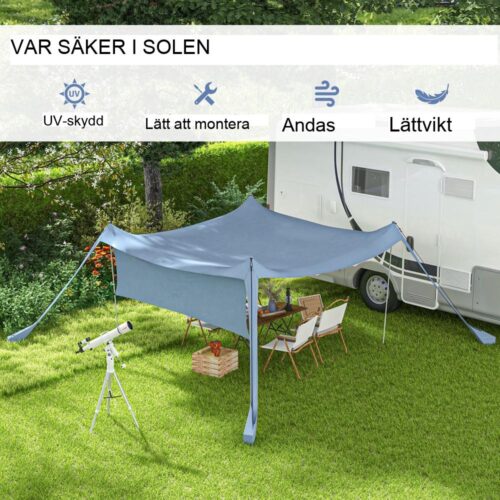 Vattentät solskyddssegel med stavar, väska och spade, för camping och picknick – Blå