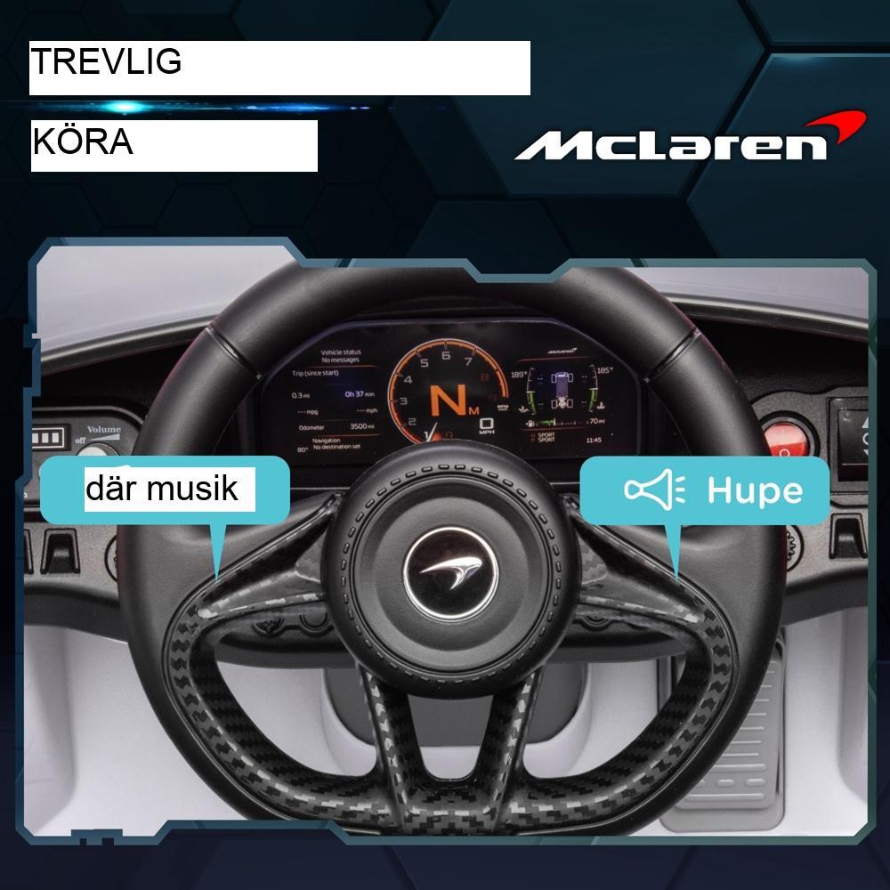 McLaren 765LT licensierad elbil för barn med fjärrkontroll, lampor och musik