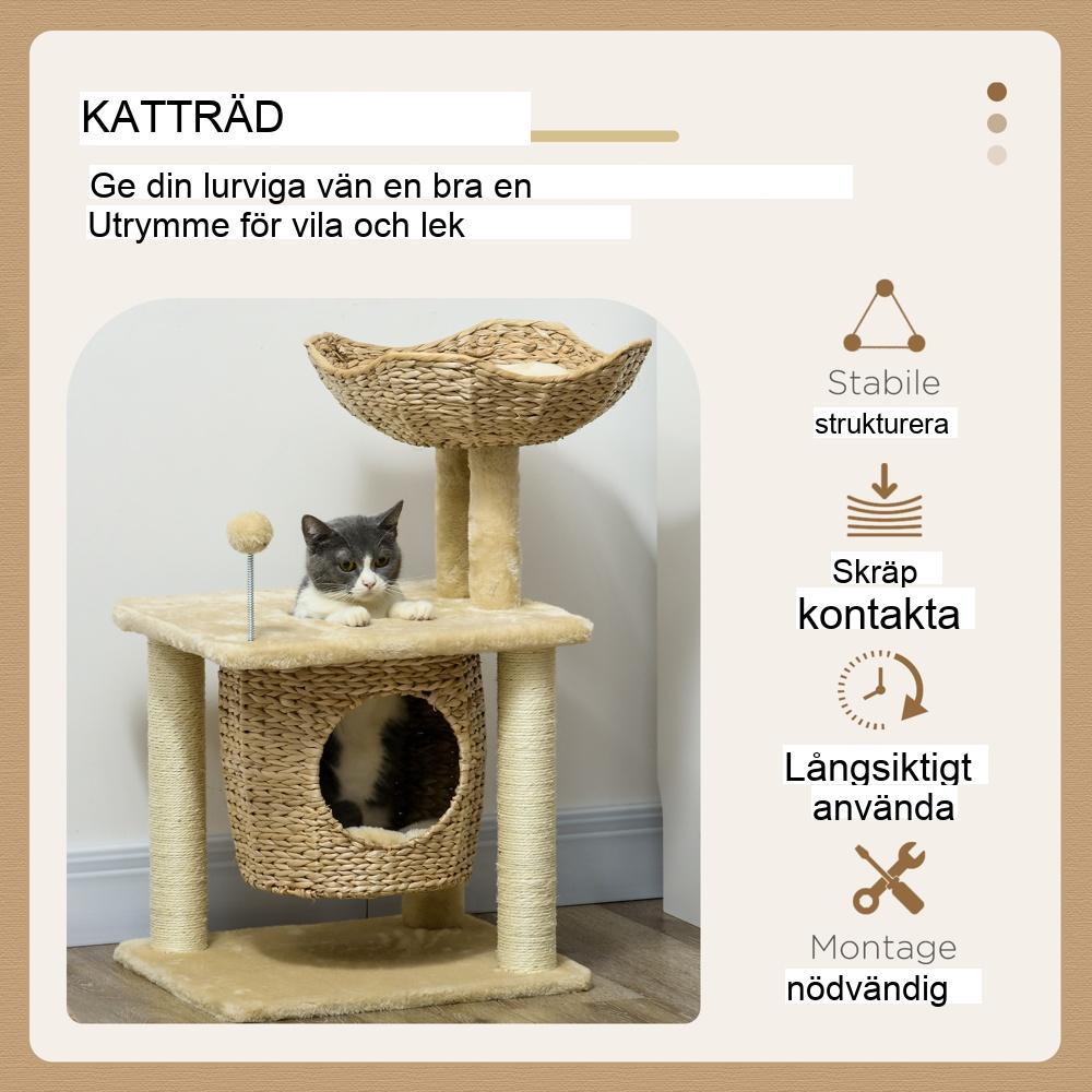 Mysigt chic kattträd med skrapstolpar, säng och lekboll – Beige