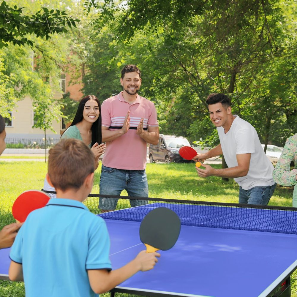 Vikbart bordtennisset med racketar och bollar, blått för inomhus/utomhus