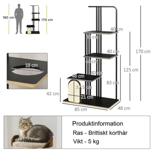 Modernt svart kattträd med kuddar, sisal-skrapstolpar, 3 plattformar