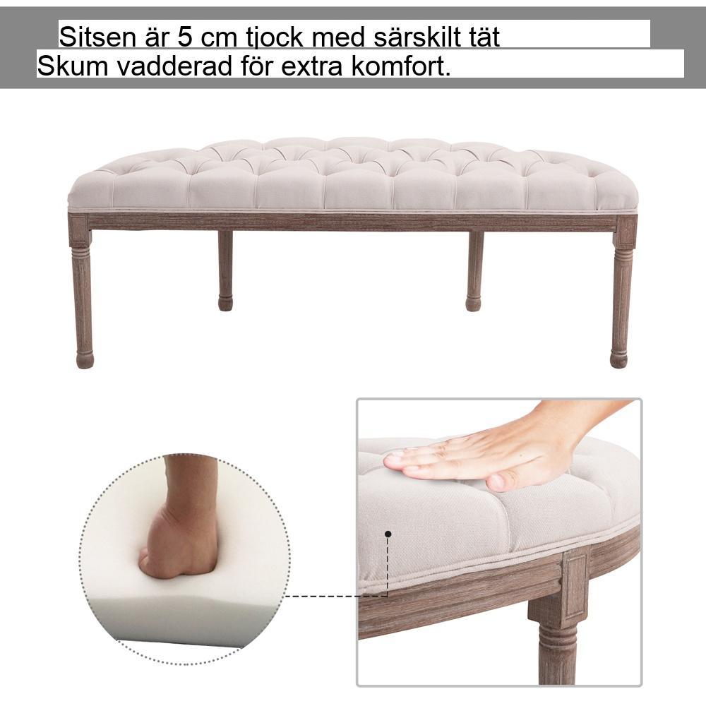 Vintage beige stoppad bänk med tuftad linnekudde med knapp