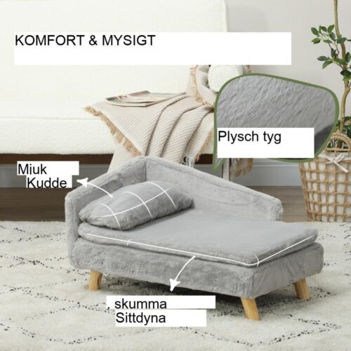 Mjuk plysch hundbäddsoffa med tvättbar kudde och upphöjd design för medelstora hundar (upp till 15 kg)