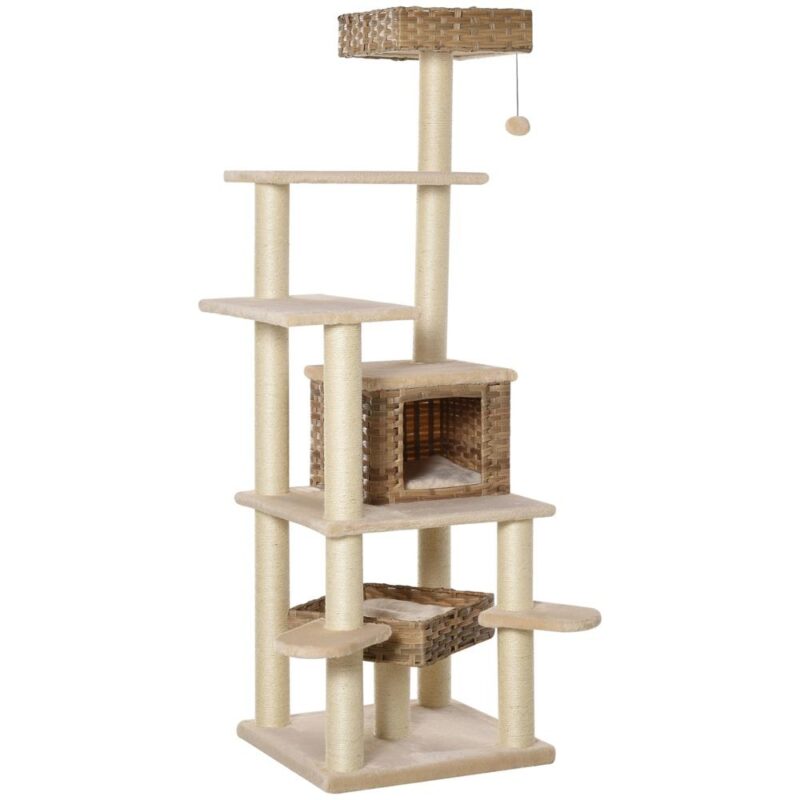 XXL Rattan Cat Tree med skrapstolpe, grotta och lägenhet