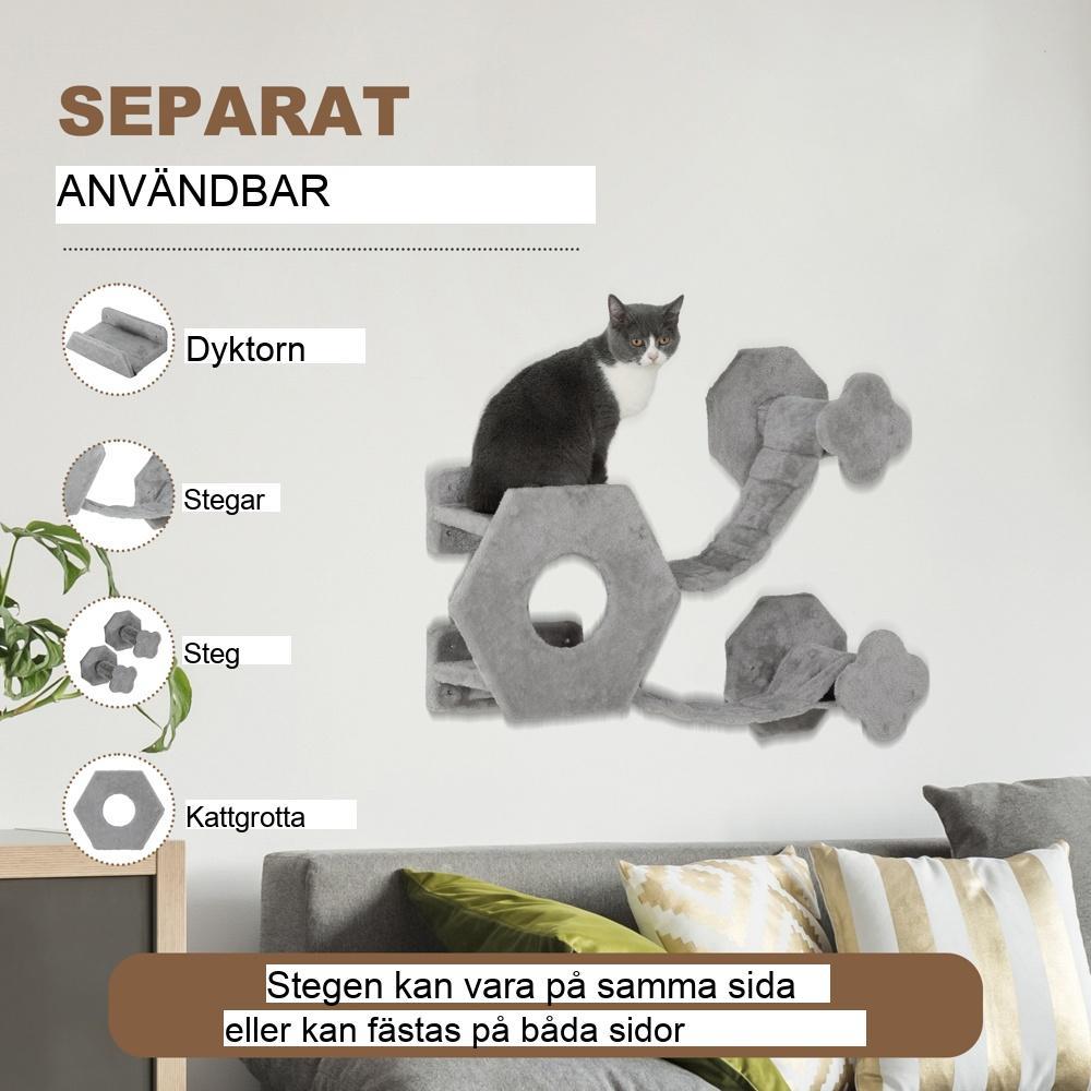 Utrymmesbesparande kattklättervägg med lekstuga, stegar och leksaksboll