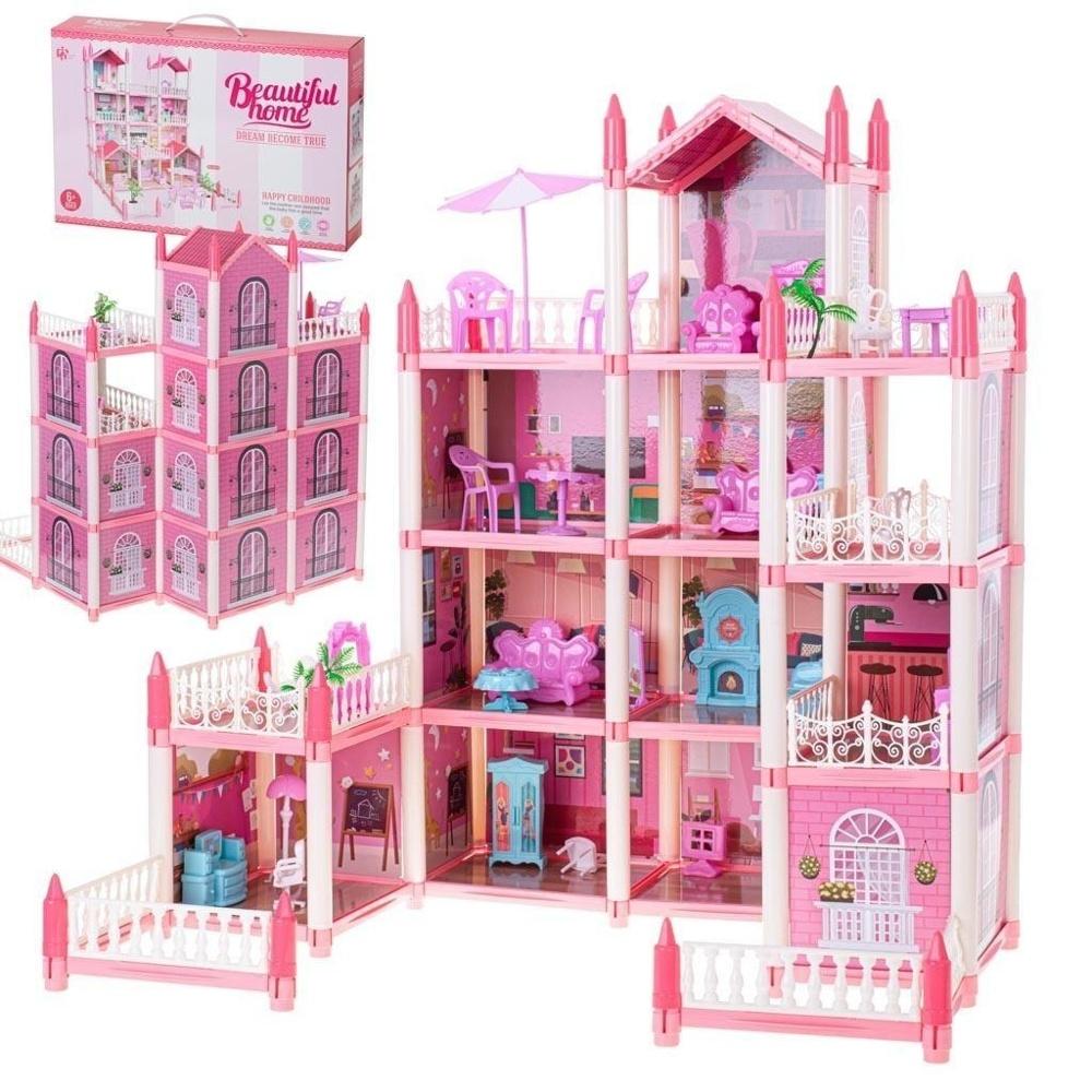 Rosa DIY Doll House Villa med 4 nivåer och möbler