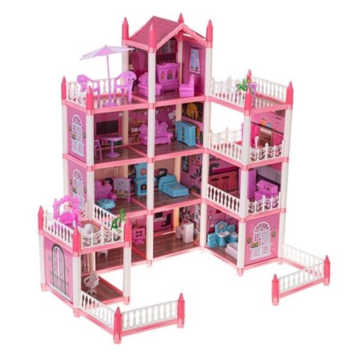 Rosa DIY Doll House Villa med 4 nivåer och möbler