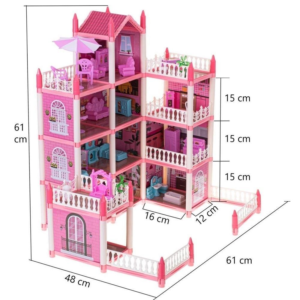 Rosa DIY Doll House Villa med 4 nivåer och möbler