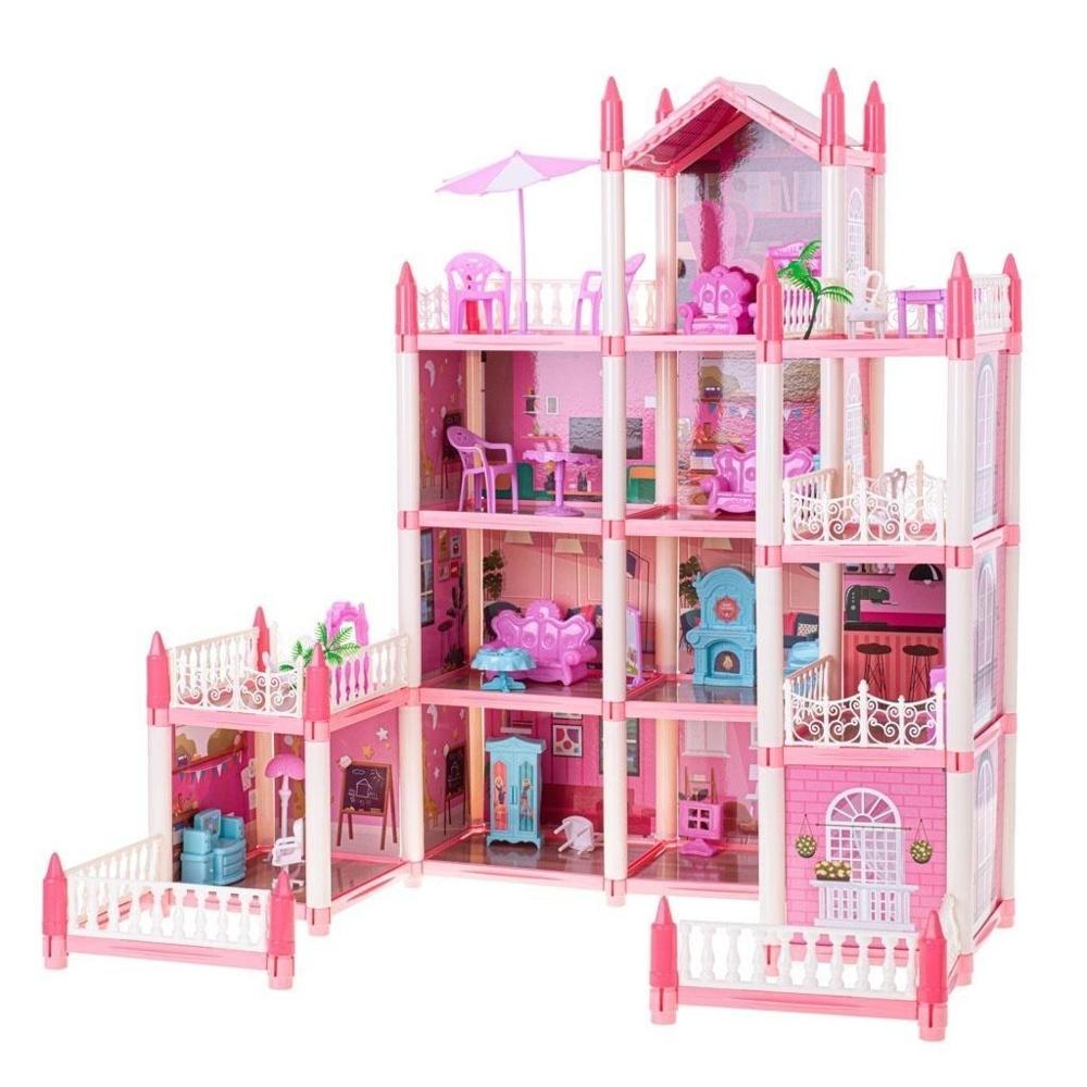 Rosa DIY Doll House Villa med 4 nivåer och möbler