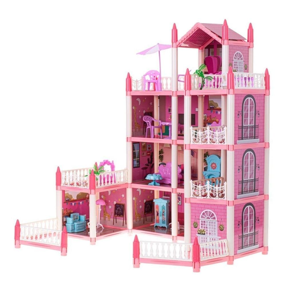 Rosa DIY Doll House Villa med 4 nivåer och möbler