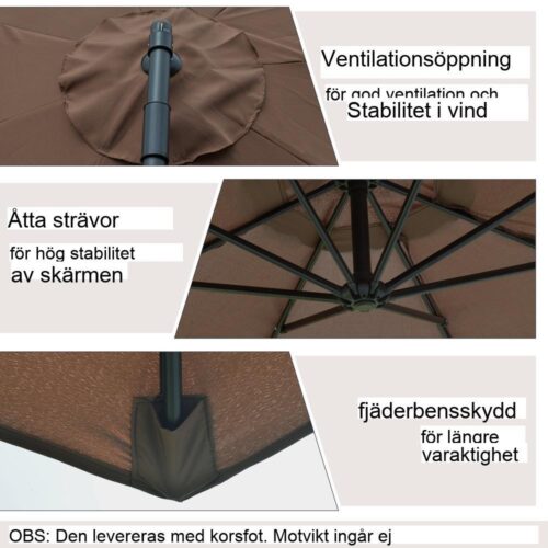 Stort 3m kaffefribärande parasoll med vev – trädgårds- och terrassskärm