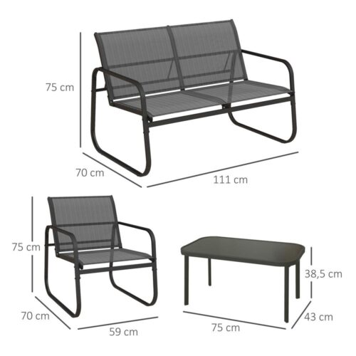 Svart 4-delad trädgårdsmöbler i stålnät med bord