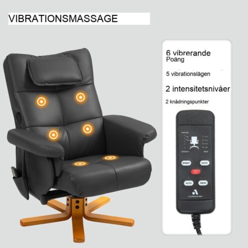 Svart massagefåtölj med fotpall, förvaring och USB-portar