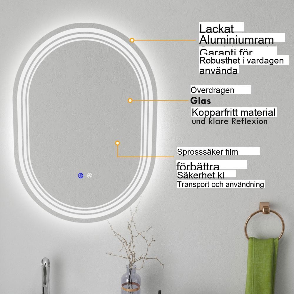 LED badrumsspegel, Touch Switch, 3 ljusfärger, Anti-dimma, IP44, 70x50cm