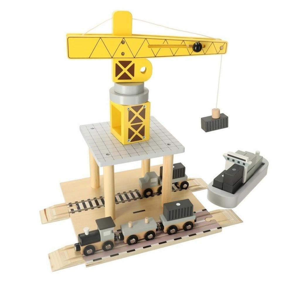 Wooden Crane Seaport Playset – Bygg och transport leksaker för barn från 3 år och uppåt