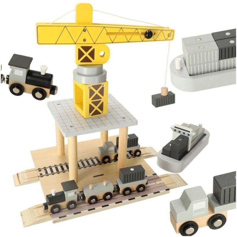 Wooden Crane Seaport Playset – Bygg och transport leksaker för barn från 3 år och uppåt