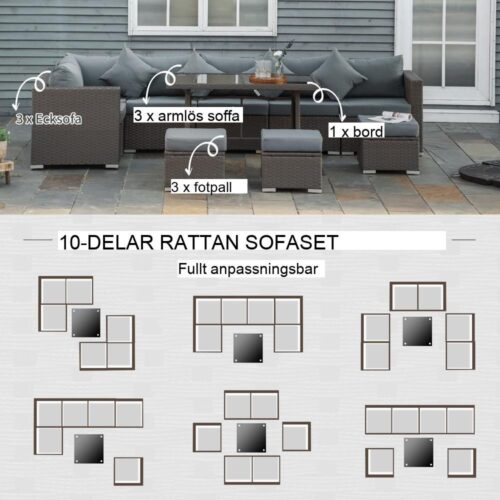 10-delad mörkgrå rottingsittgrupp med bord och kuddar