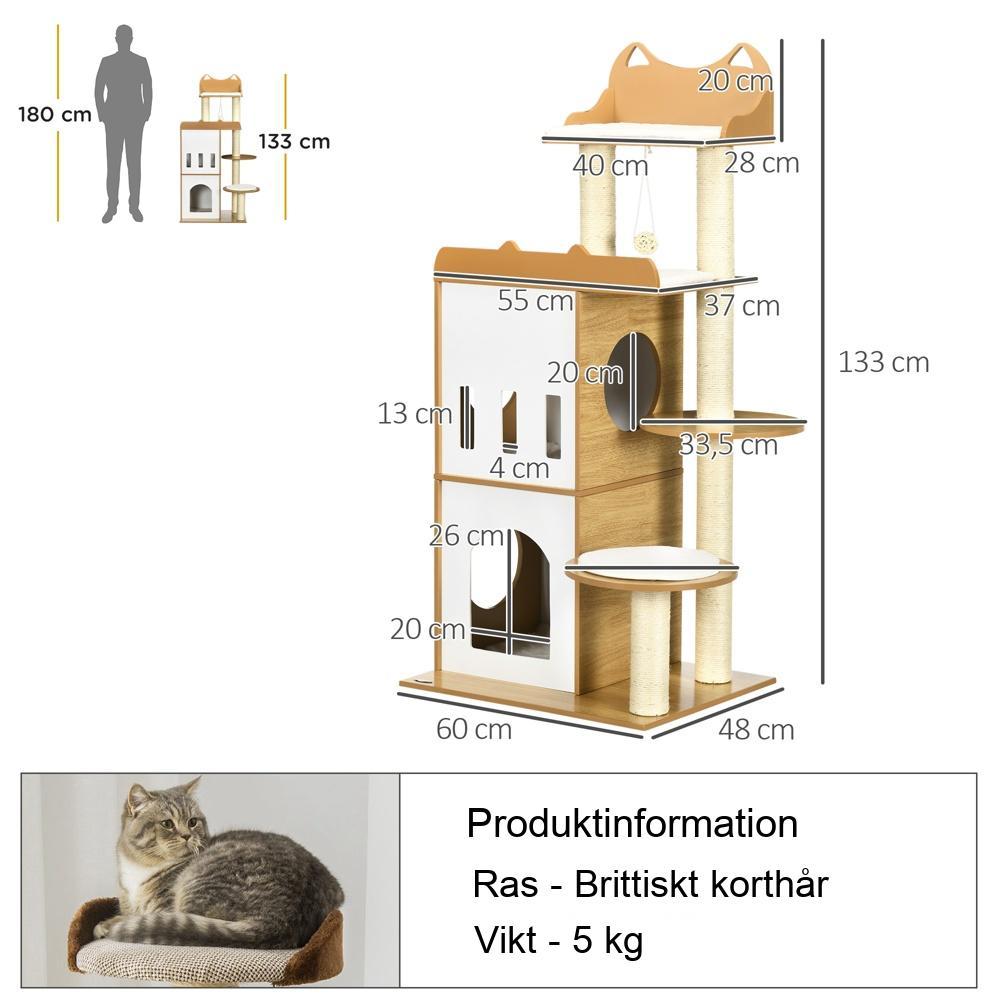 Kattträd med 2 grottor, skrapstolpar och lekboll, ek+vit