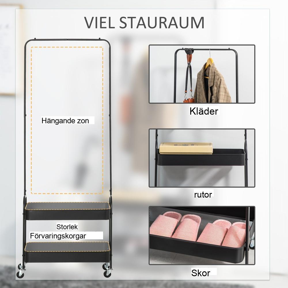 Klädställ i svart stål med hjul, skohylla och kapacitet på 16 kg