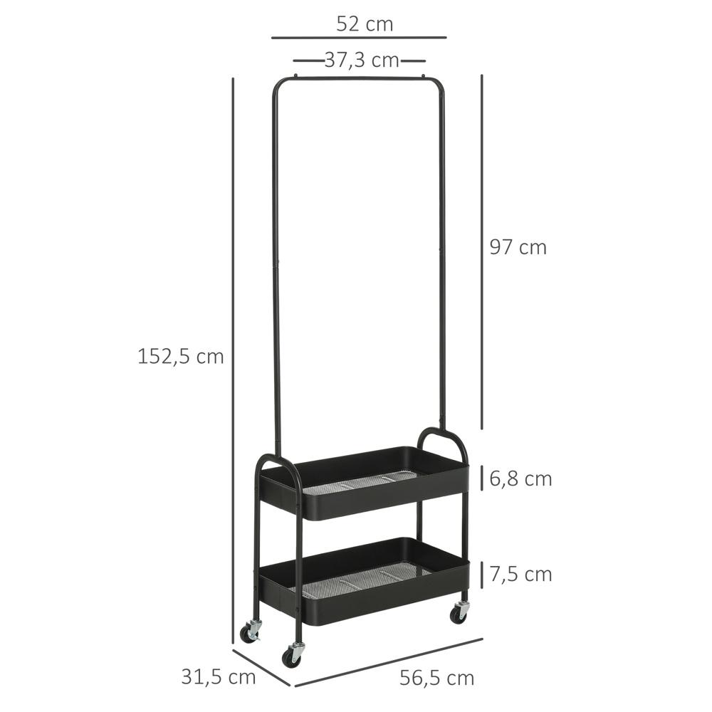 Klädställ i svart stål med hjul, skohylla och kapacitet på 16 kg