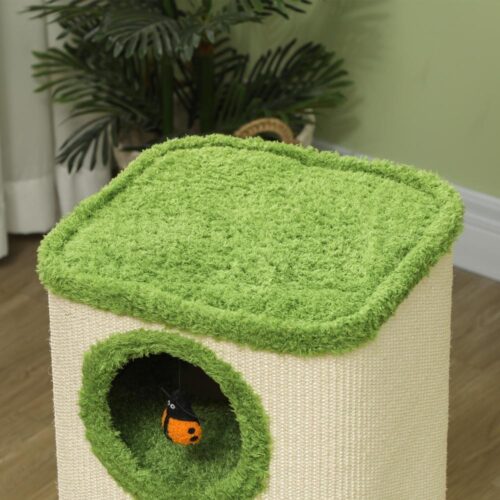 Green+Cream Cat Scratching Barrel Tower med 3 grottor och leksaker