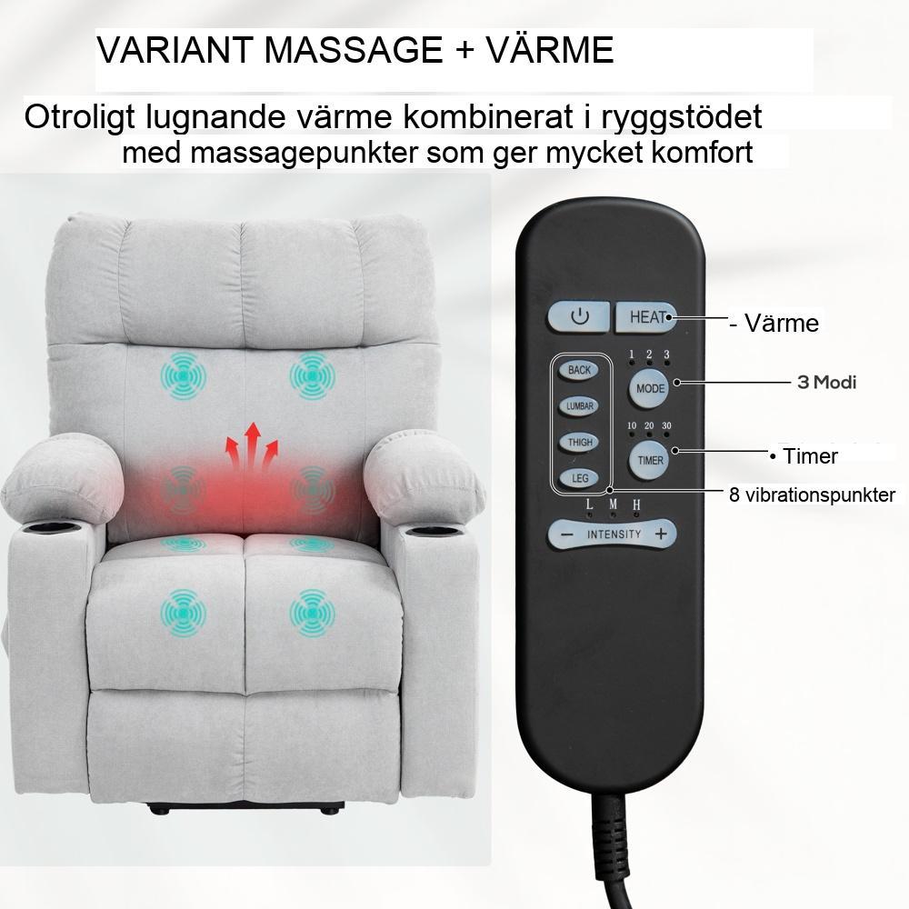 Elektrisk seniorfåtölj med massage, värme och ståhjälp