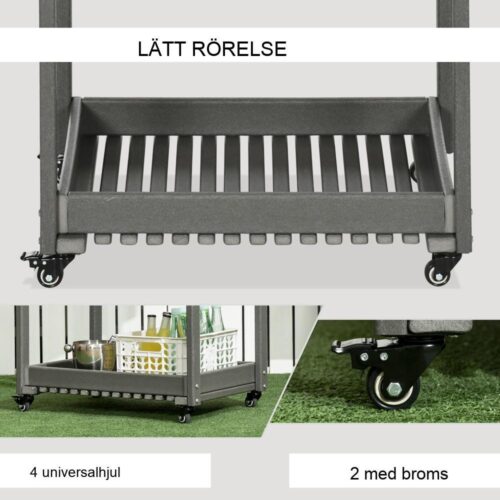 Serveringsvagn utomhus med hyllor och handduksställ, 2-våningsvagn 87x50x80cm