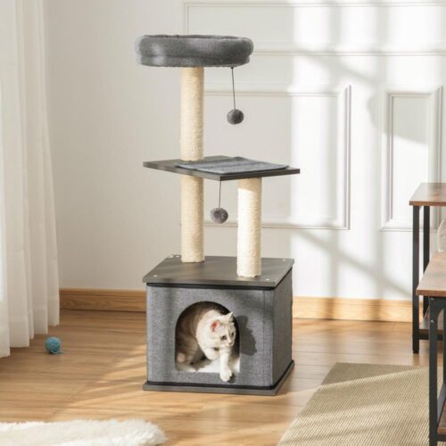 Multi-Level mörkgrå Sisal Cat Scratching Post med lägenhet, bollar och säng