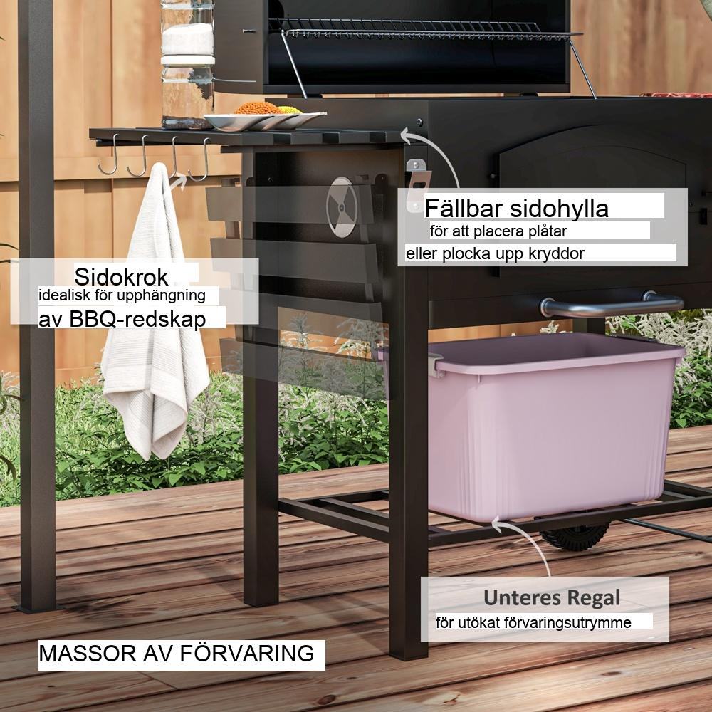 3-i-1 kolgrill med rökare, justerbar höjd, hjul och hyllor