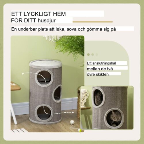 Lyxig kattskraptunna med grottor, sisal och plysch, ljusgrå