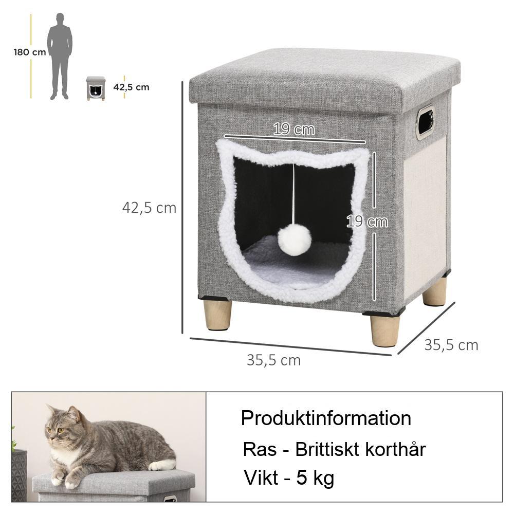 Grey Cat Cave Ottoman: Plyschkudde, skrapmatta och lekboll