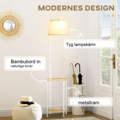 Modern 162 cm golvlampa med 2 hyllor och linne lampskärm