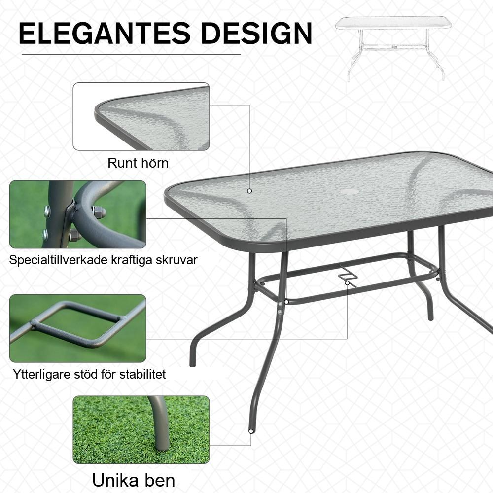 Kolgrått trädgårdsbord med glasskiva, paraplyhål, slitstark metallram