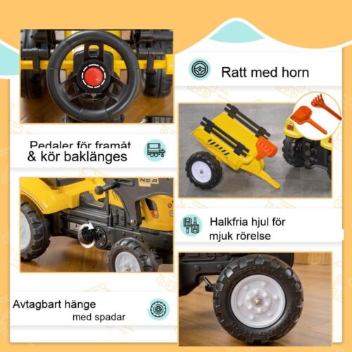 Gul pedaltraktor med släp och spade – byggfordon för barn från 3 år och uppåt