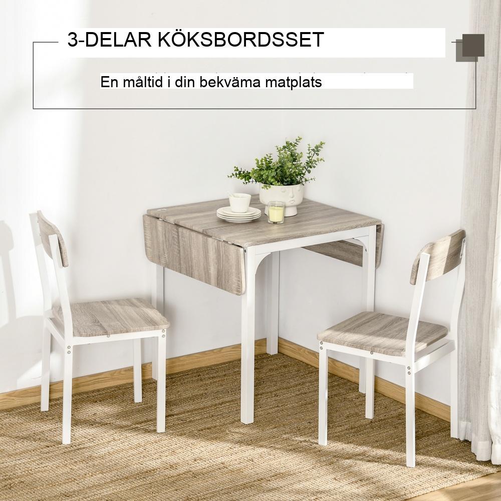 Vikbart 3-delat matsalsset, platsbesparande bord och stolar, naturvit