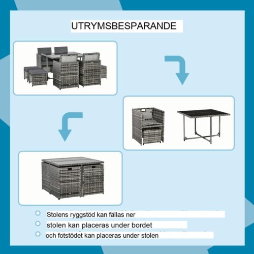 Modernt 8-personers matsalsset i polyrattan med kuddar och glasskiva