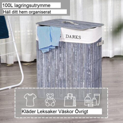 Rymlig tvättkorg i bambu med lock – 100L kapacitet, ventilerad