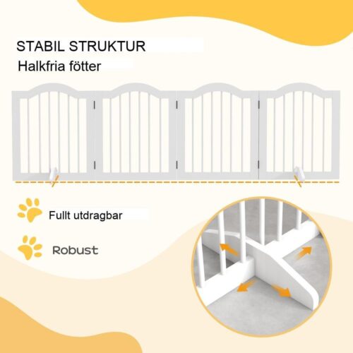 Vikbar hundgrind, 4-panels säkerhetsbarriär för trappor och dörrar, vit, upp till 41 cm höjd