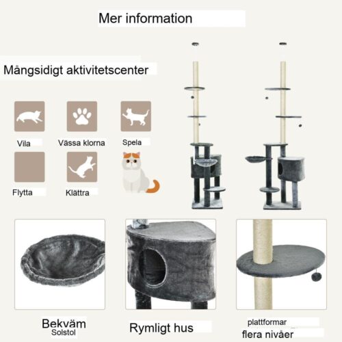 Justerbart kattträdstorn, sisalskrapstolpe, flera sittpinnar och säng