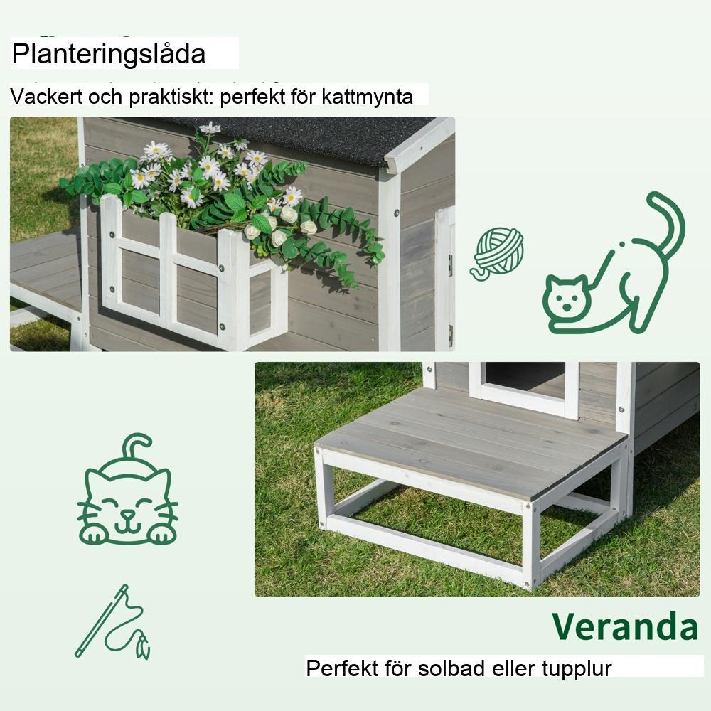 Gran Wood Cat House med terrass och balkong, grått och vitt