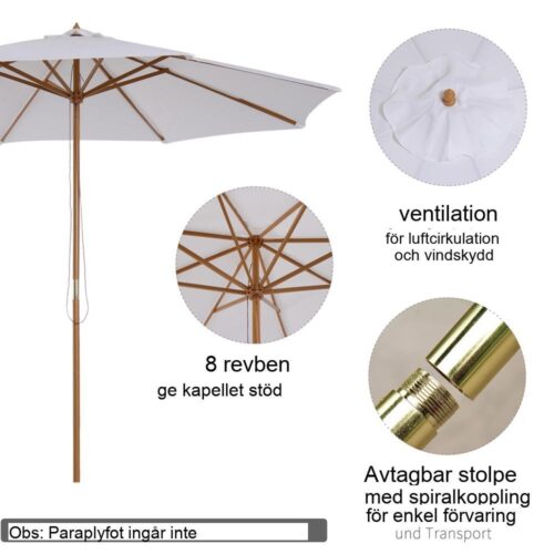 Stort 300 cm Bamboo Cream Wood Garden Parasoll med lutning och repdrag