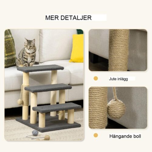 3-stegs katttrappa Grå Teddytyg 48cm För små katter Seniorer