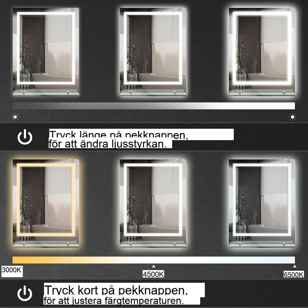 LED Badrumsspegel med 3 ljusfärger, Touch Switch, Anti-Imma, 70x50cm