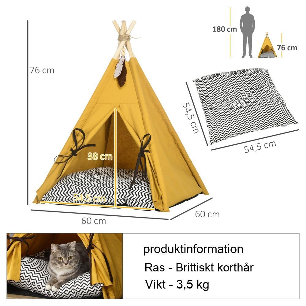 Mysig tipi-katt och liten hundsäng med kudde, lekboll, furu, gul