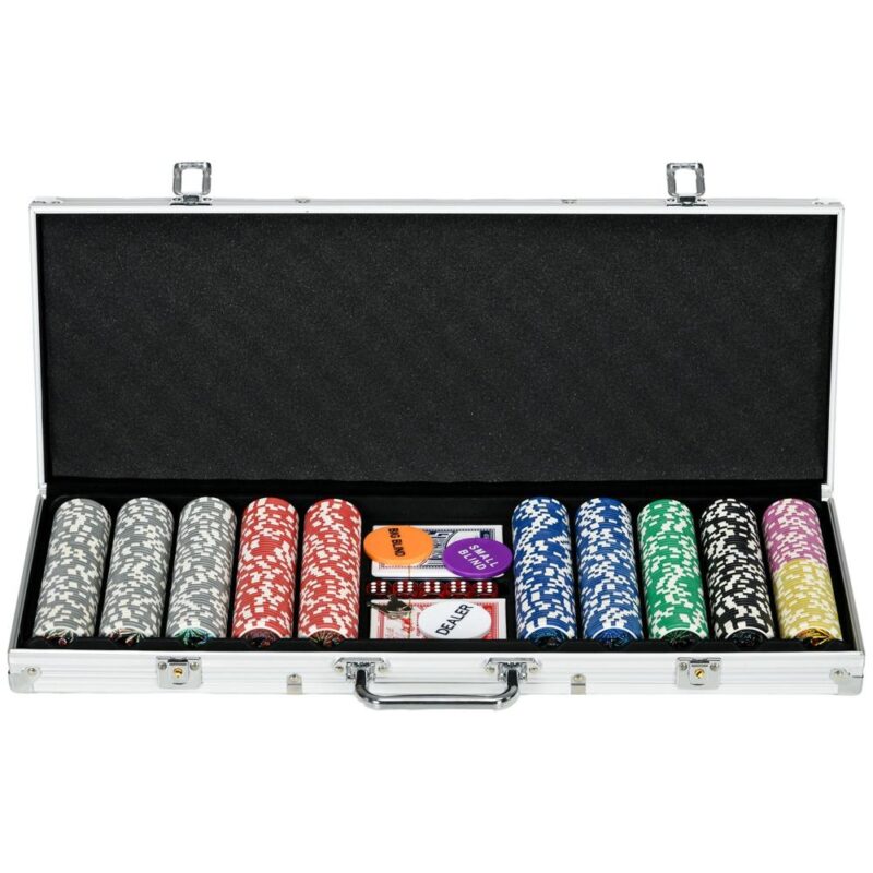 Professionell pokerset med 500 marker med lås, fodral och dealertillbehör