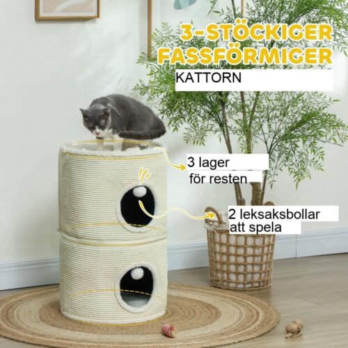 Creme White Cat Barrel Tower med 2 grottor, skrapstolpar och lekbollar (upp till 5 kg)