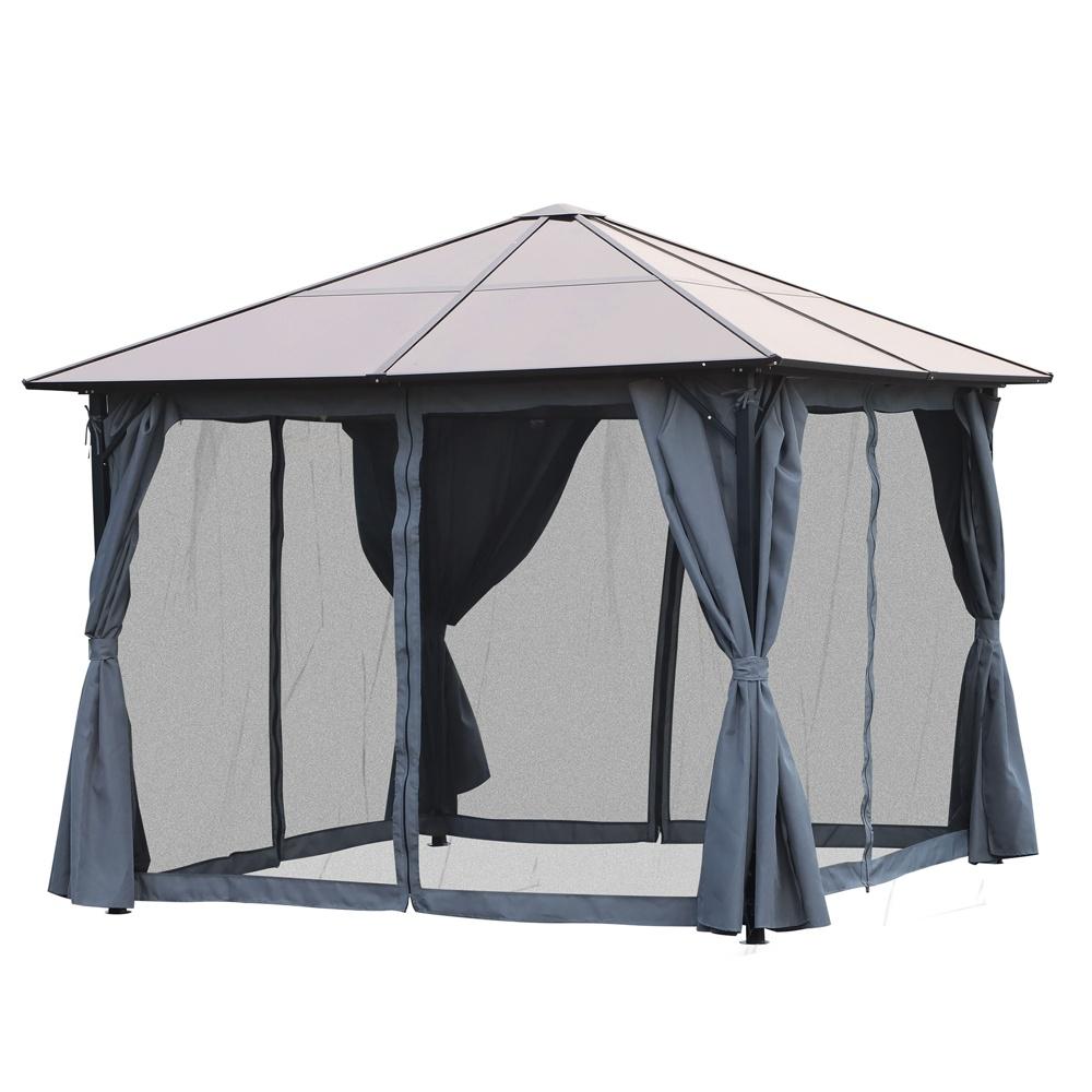 Stort 3x3m Hardtop Garden Gazebo med PC-tak och sidopaneler – Grå