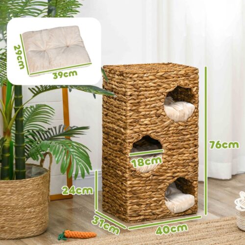 Vattenhyacinth Cat Scratching Tower med 3 grottor och kuddar